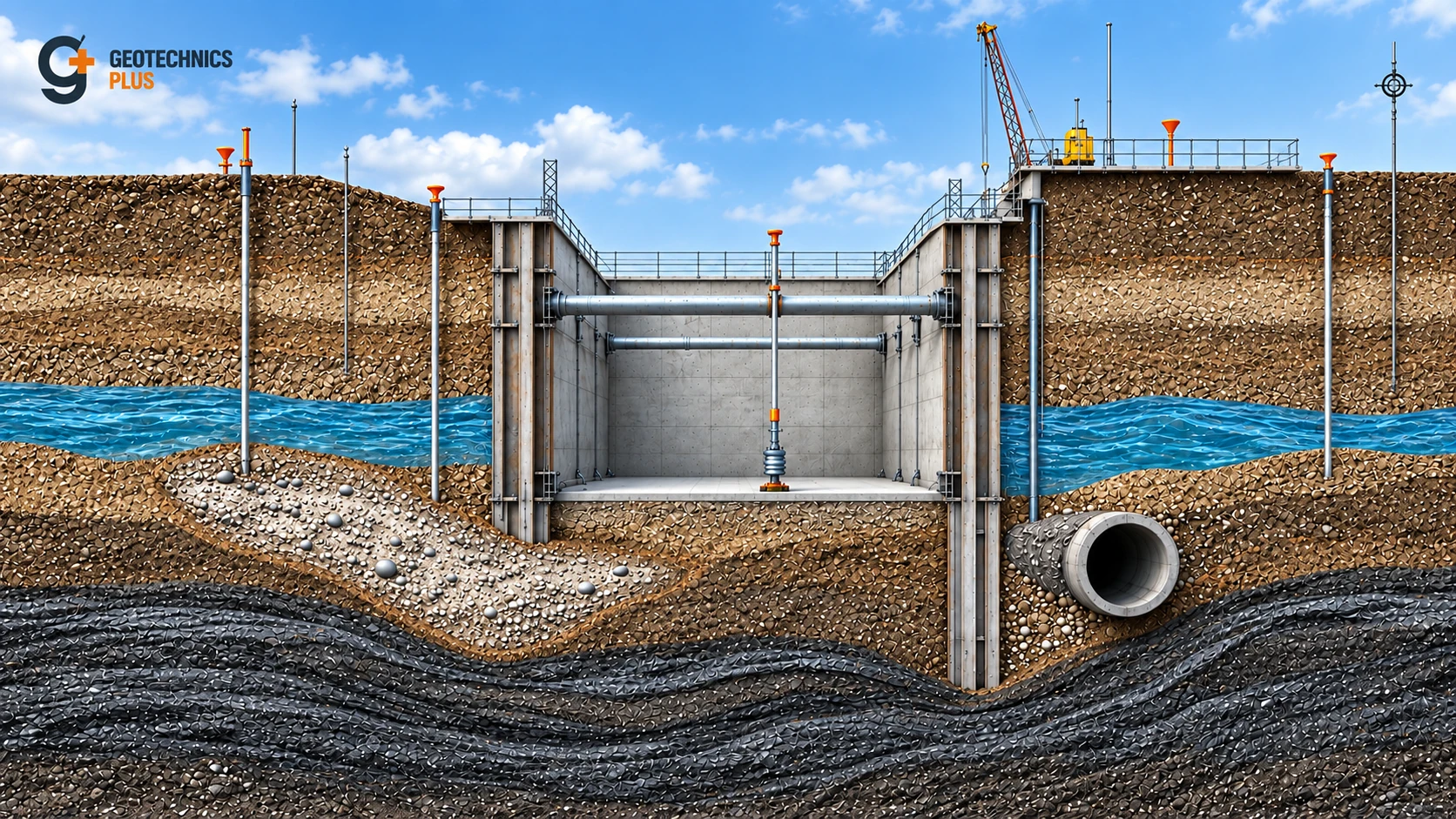 Geotechnics Plus technical illustration showing a supported excavation, layered soils, groundwater, monitoring instrumentation and buried infrastructure.