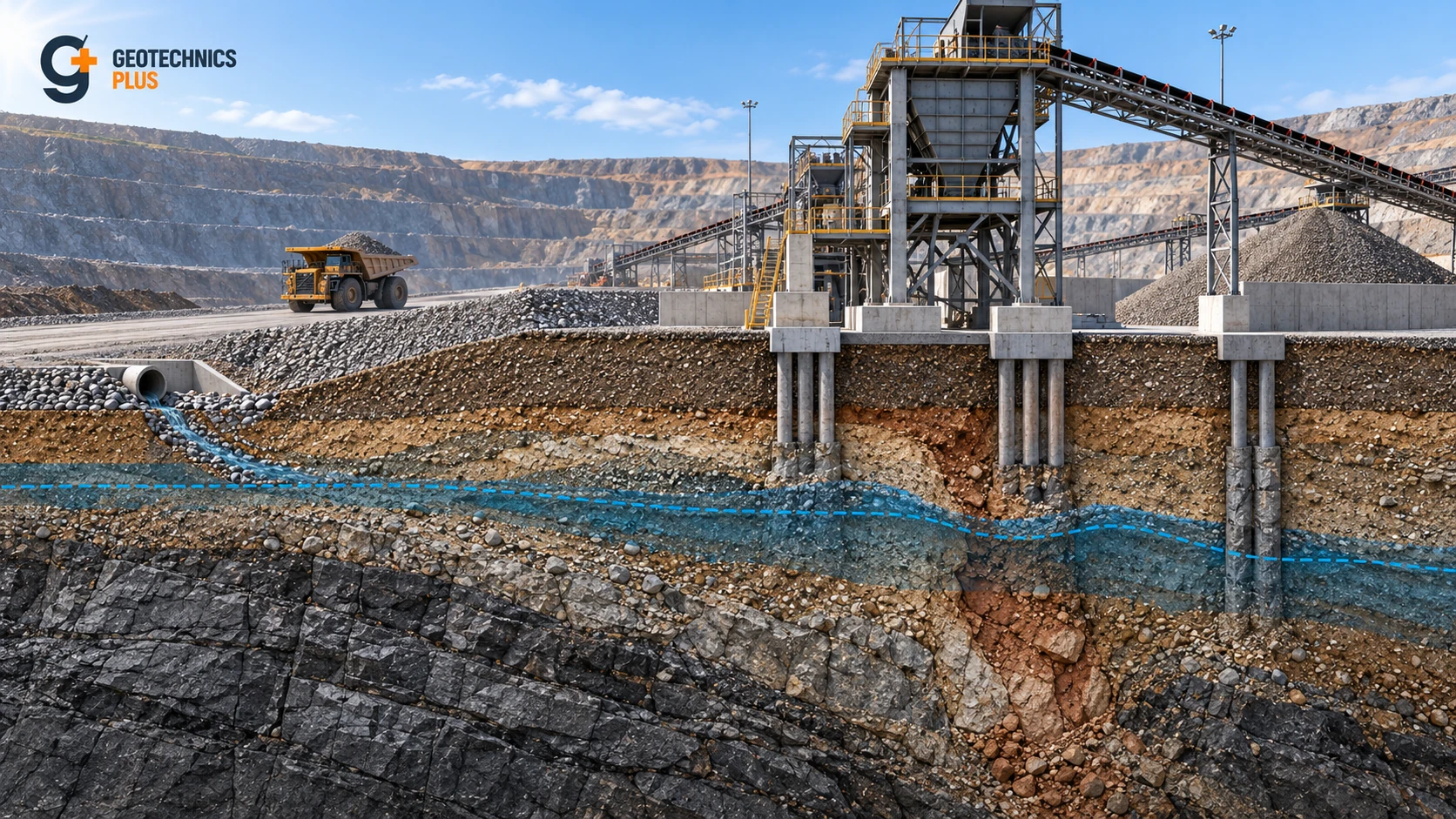 Geotechnics Plus mining geotechnical risk cover showing mine infrastructure, ground conditions and subsurface profile.
