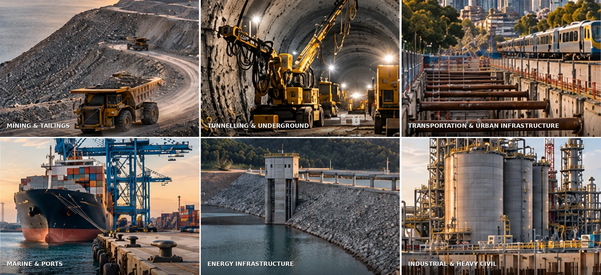 Mining and tailings, tunnelling, transportation infrastructure, marine ports, energy and data centres