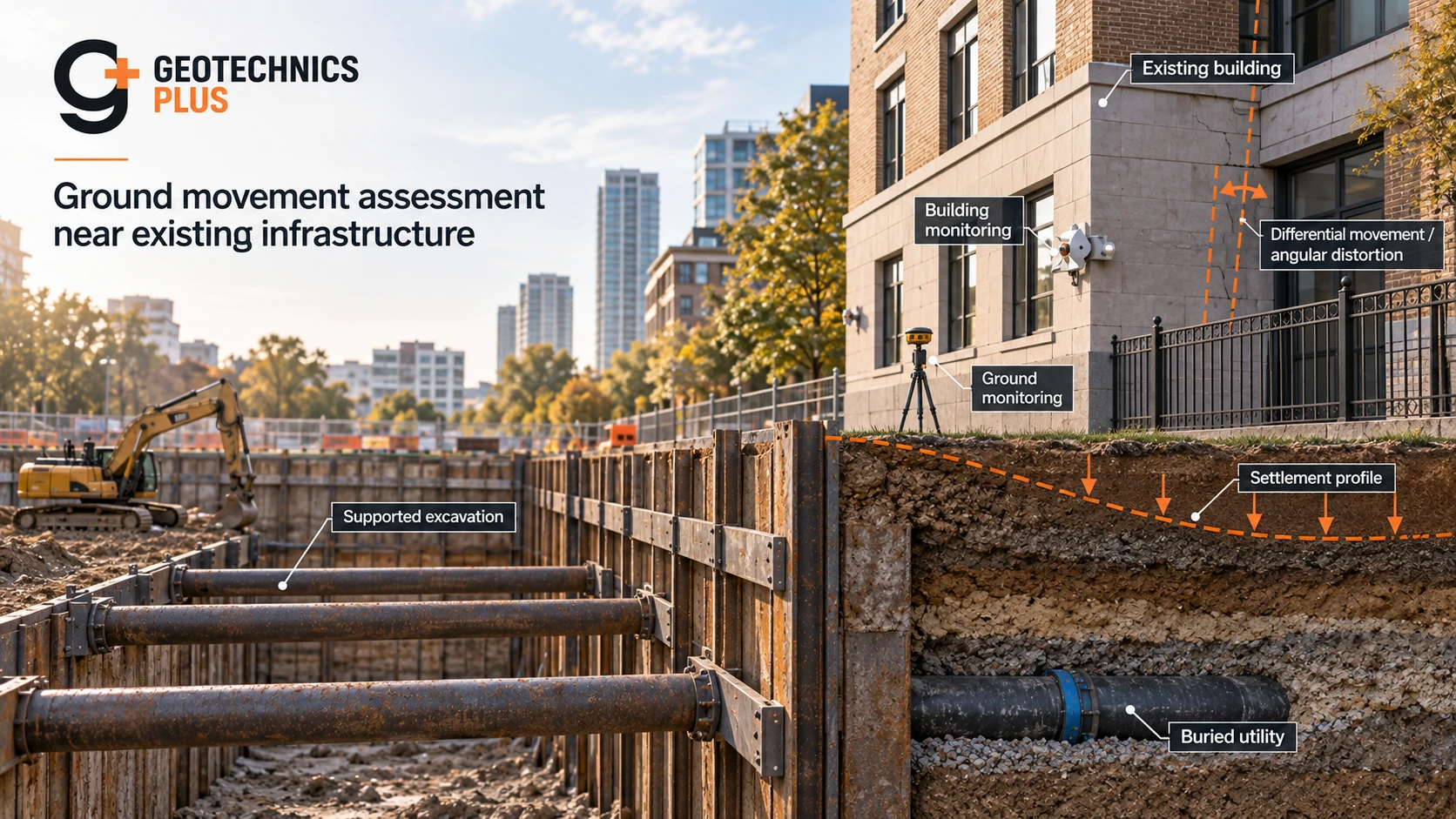Geotechnics Plus article cover showing a supported urban excavation beside an existing building, monitoring points, settlement profile and buried utility.