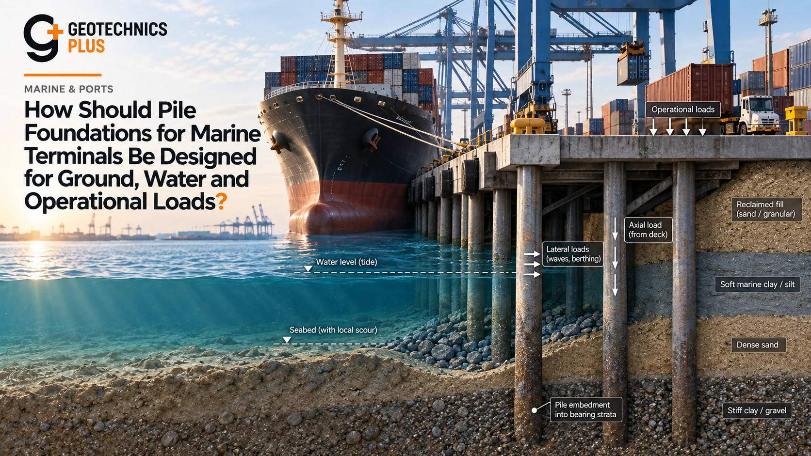 Geotechnics Plus article cover showing a pile-supported marine terminal with a berthed cargo vessel, operational deck loads, axial and lateral pile loads, scour, water level and marine soil profile.