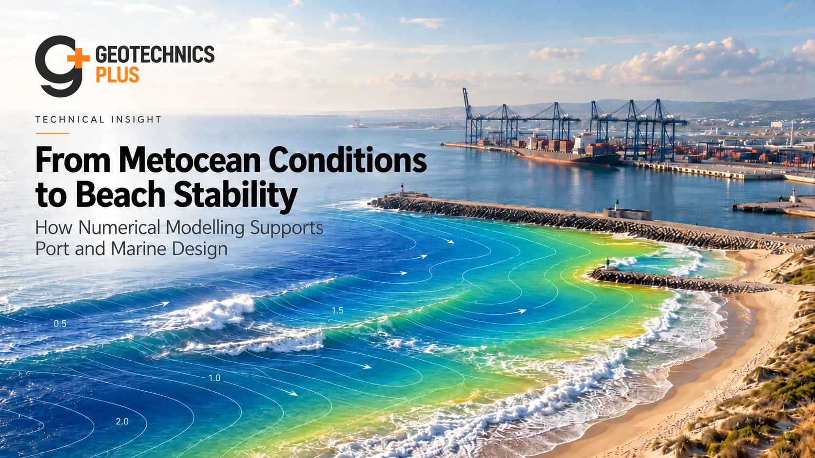 Port and marine numerical modelling showing wave contours, metocean conditions, shoreline response and port infrastructure.