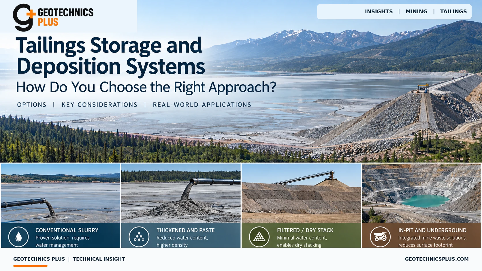 Geotechnics Plus technical insight cover comparing conventional slurry, thickened and paste tailings, filtered dry-stack tailings, and in-pit or integrated tailings storage systems.