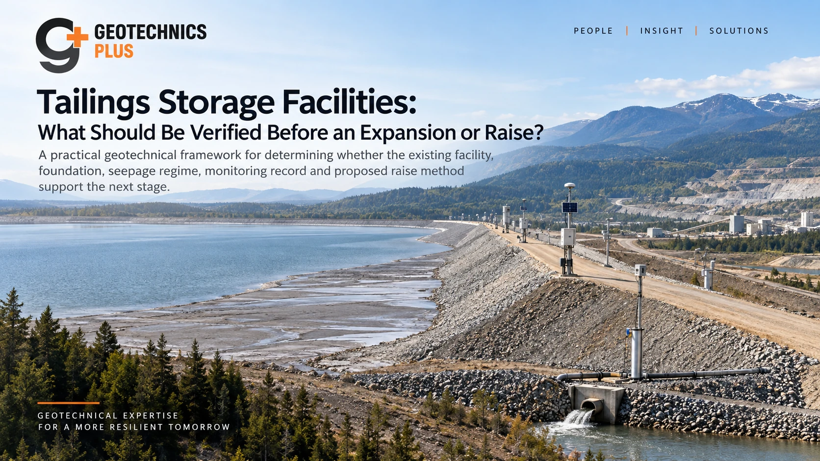 Geotechnics Plus cover showing a tailings storage facility, embankment raise, tailings beach, seepage, foundation soils, drainage and instrumentation.