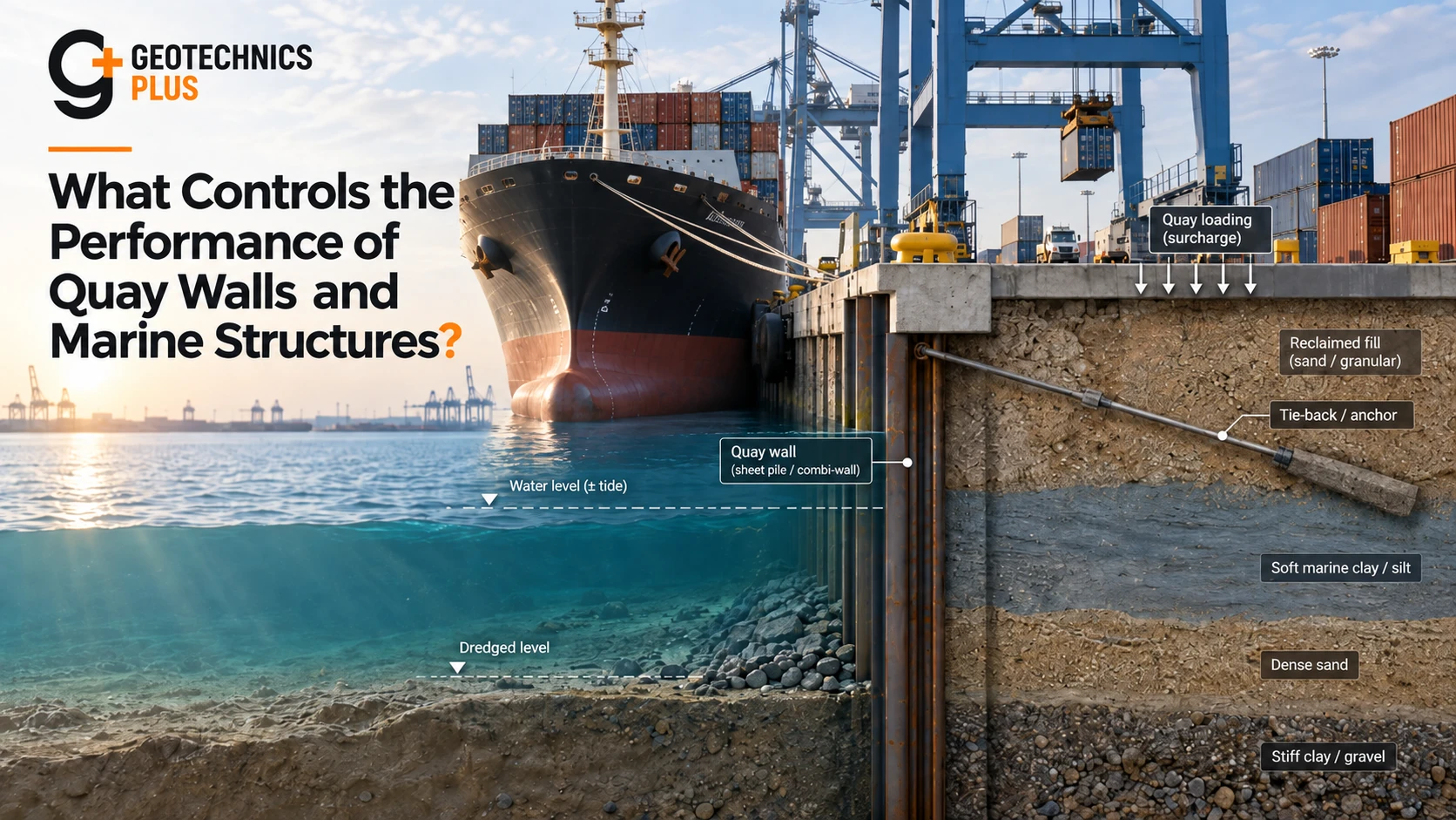 Geotechnics Plus article cover showing a cargo vessel berthed beside a quay wall, with dredged level, water level, tie-back anchor, surcharge and marine soil profile illustrated.
